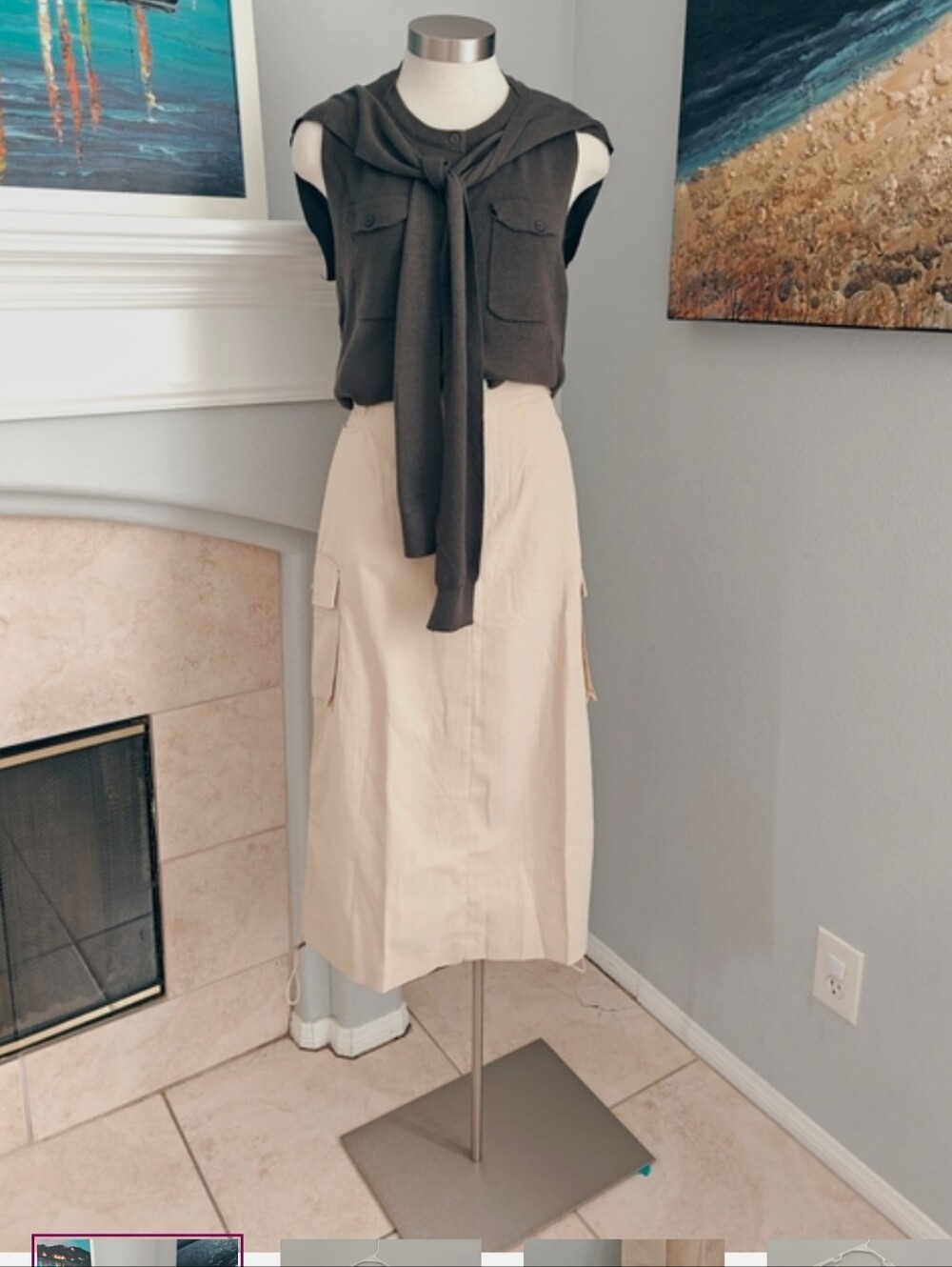 Women's Beige Cargo Midi Skirt